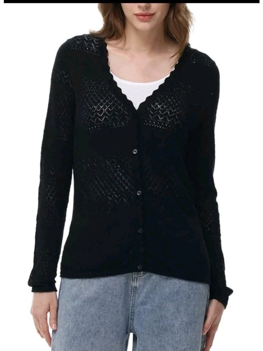 Frye Women's Pointelle Long Sleeve Cardigan Black XXL
